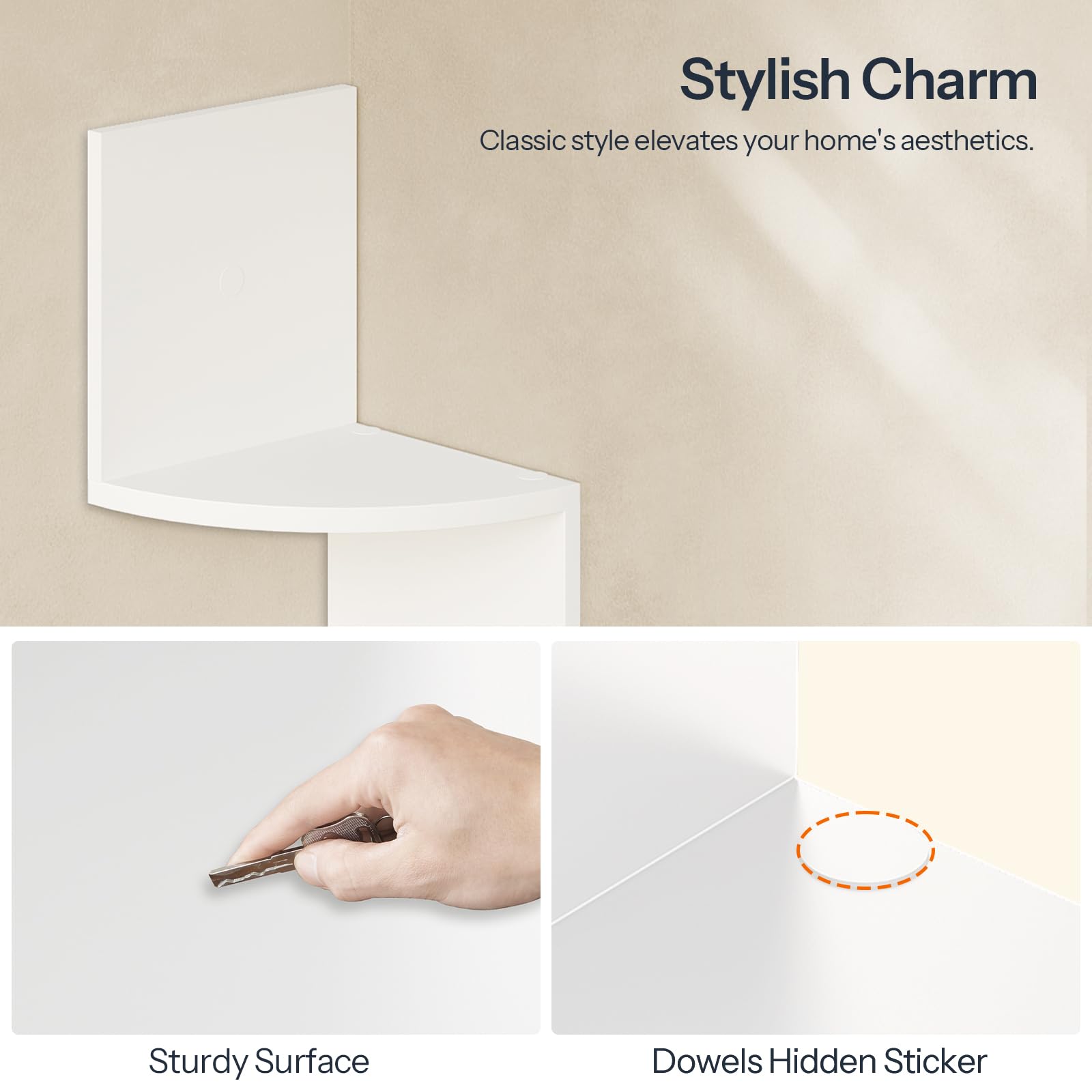 White square object with text on a beige background, highlighting 'Stylish Charm', 'Sturdy Surface', and 'Dowels Hidden Sticker'.