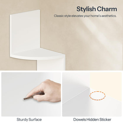 White square object with text on a beige background, highlighting 'Stylish Charm', 'Sturdy Surface', and 'Dowels Hidden Sticker'.