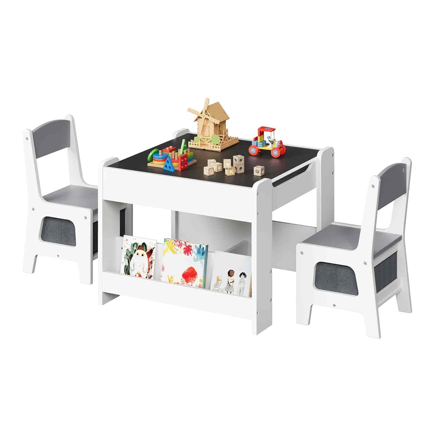 Children's table and chairs set with toys on a white background