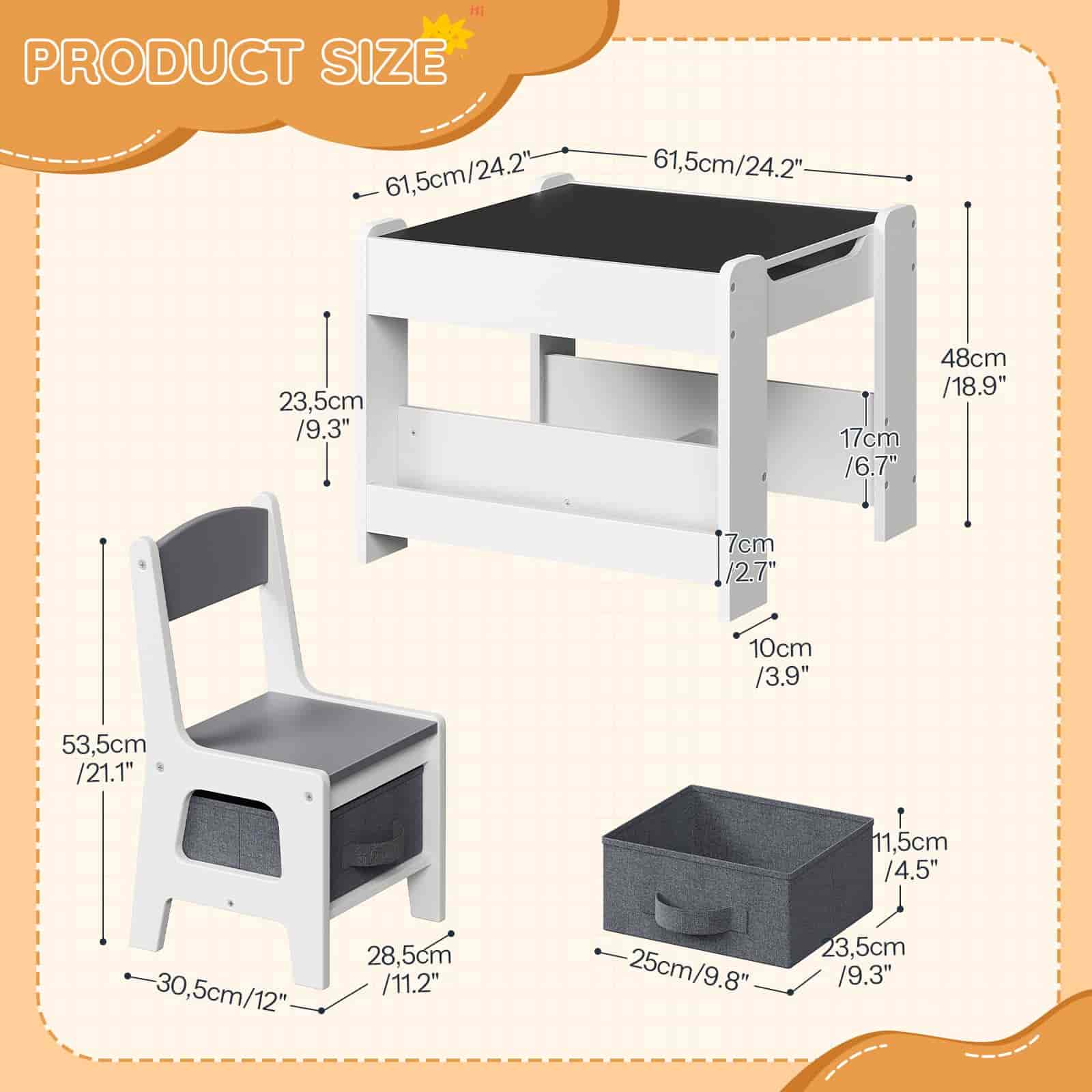 Children's table and chair set with dimensions on a light background