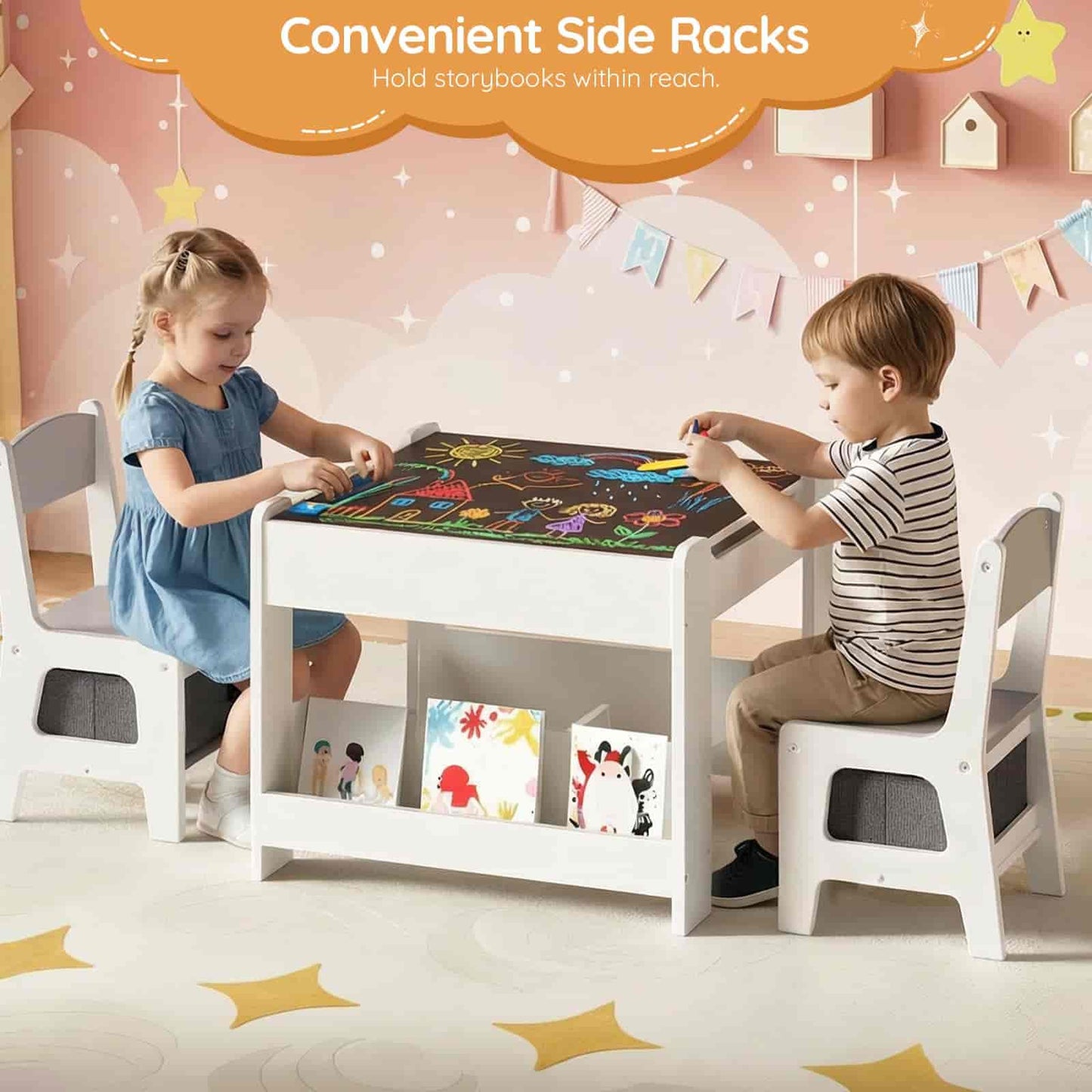 Children playing at a white children's table with colorful bookends in a playroom setting.