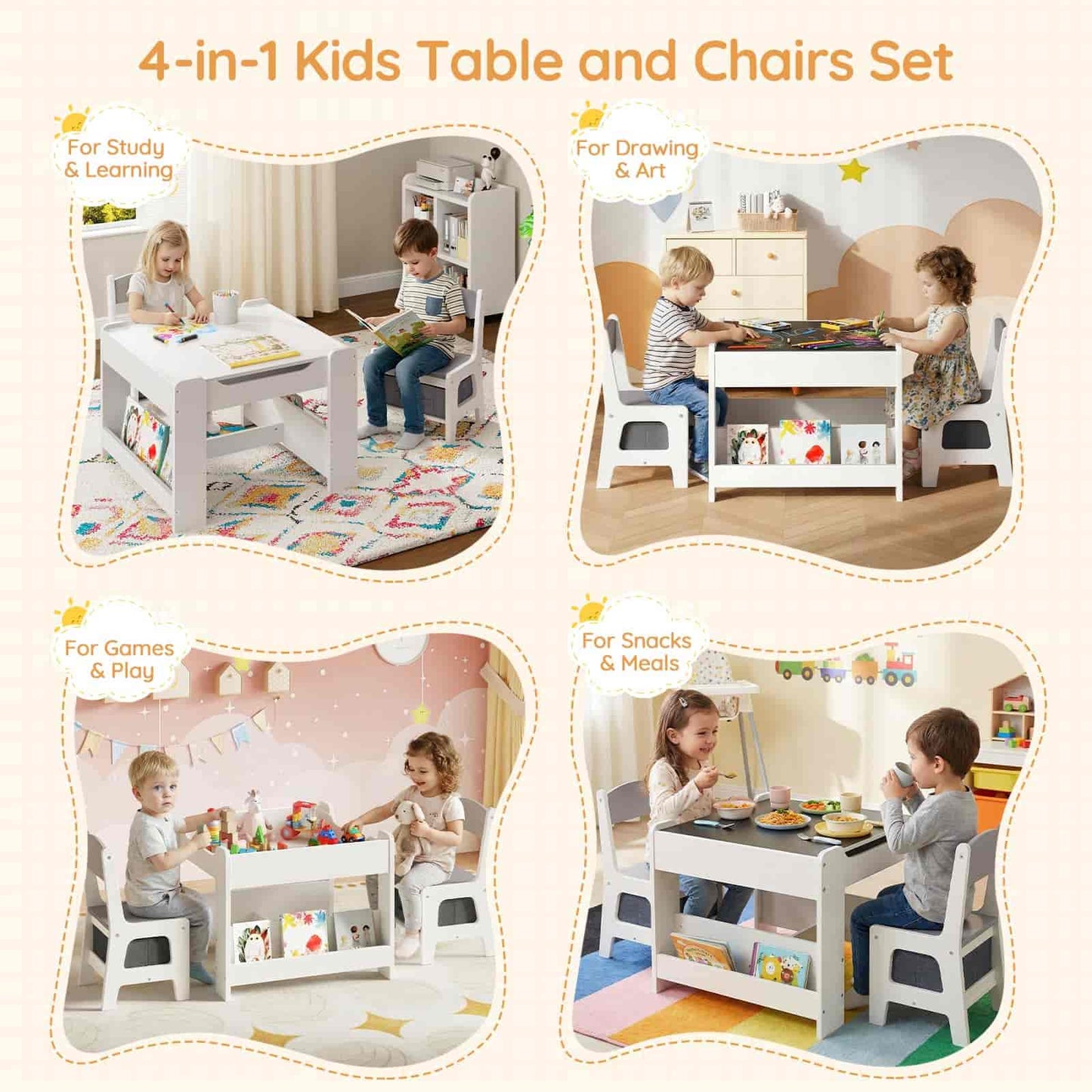4-in-1 Kids Table and Chairs Set with various activities depicted