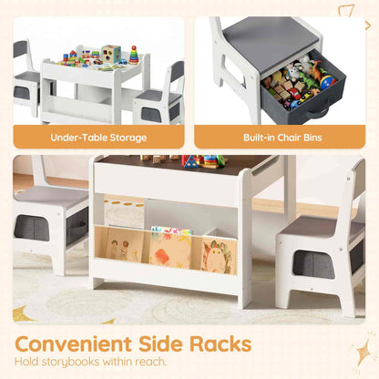 Children's play table with storage bins and side racks, featuring toys and books.