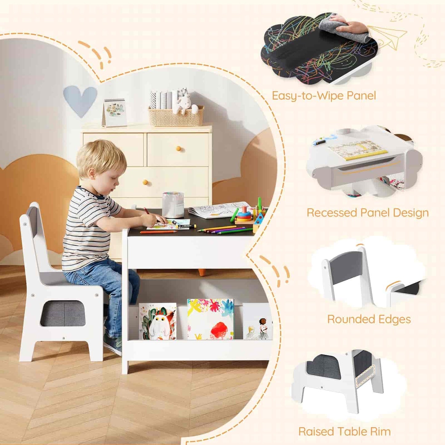 Child using a small table with a chair, surrounded by product features on a beige background.
