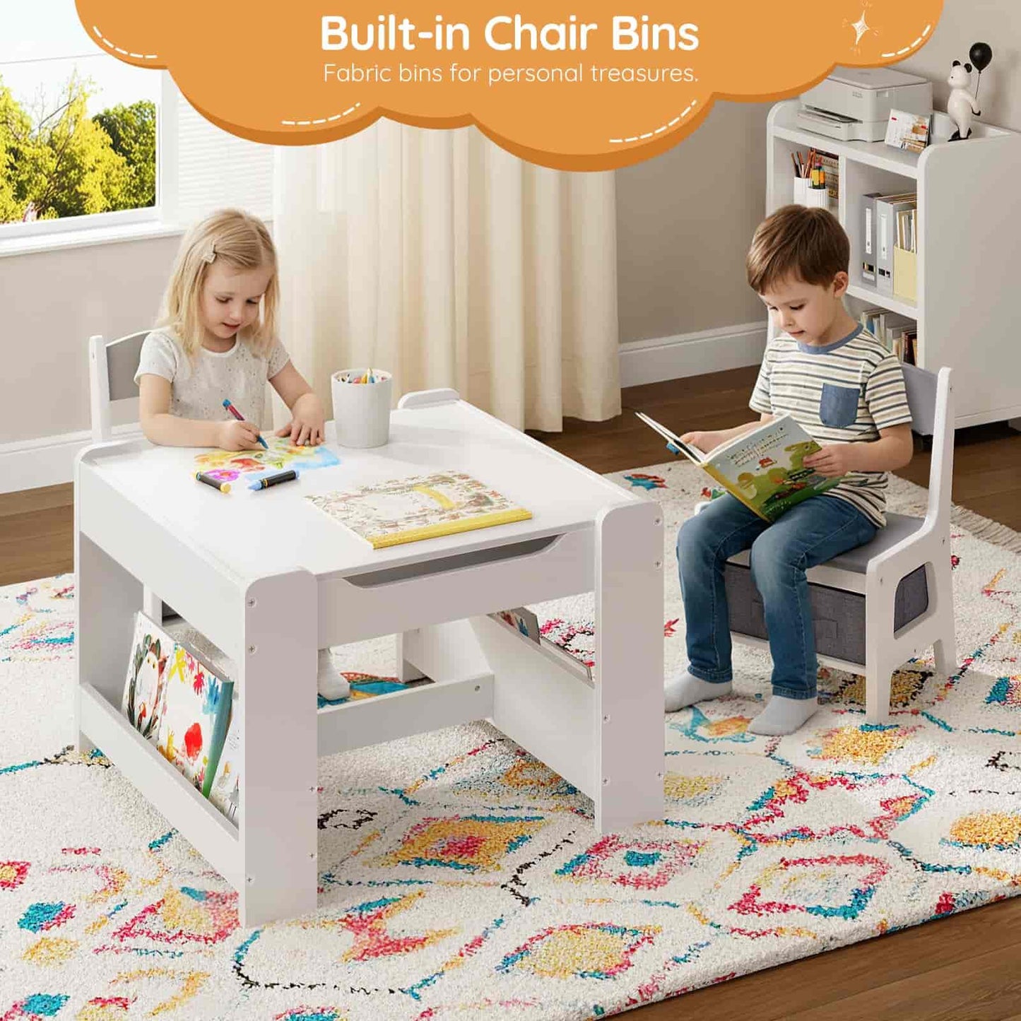 Children playing at a table with built-in chair bins in a room with a colorful rug.