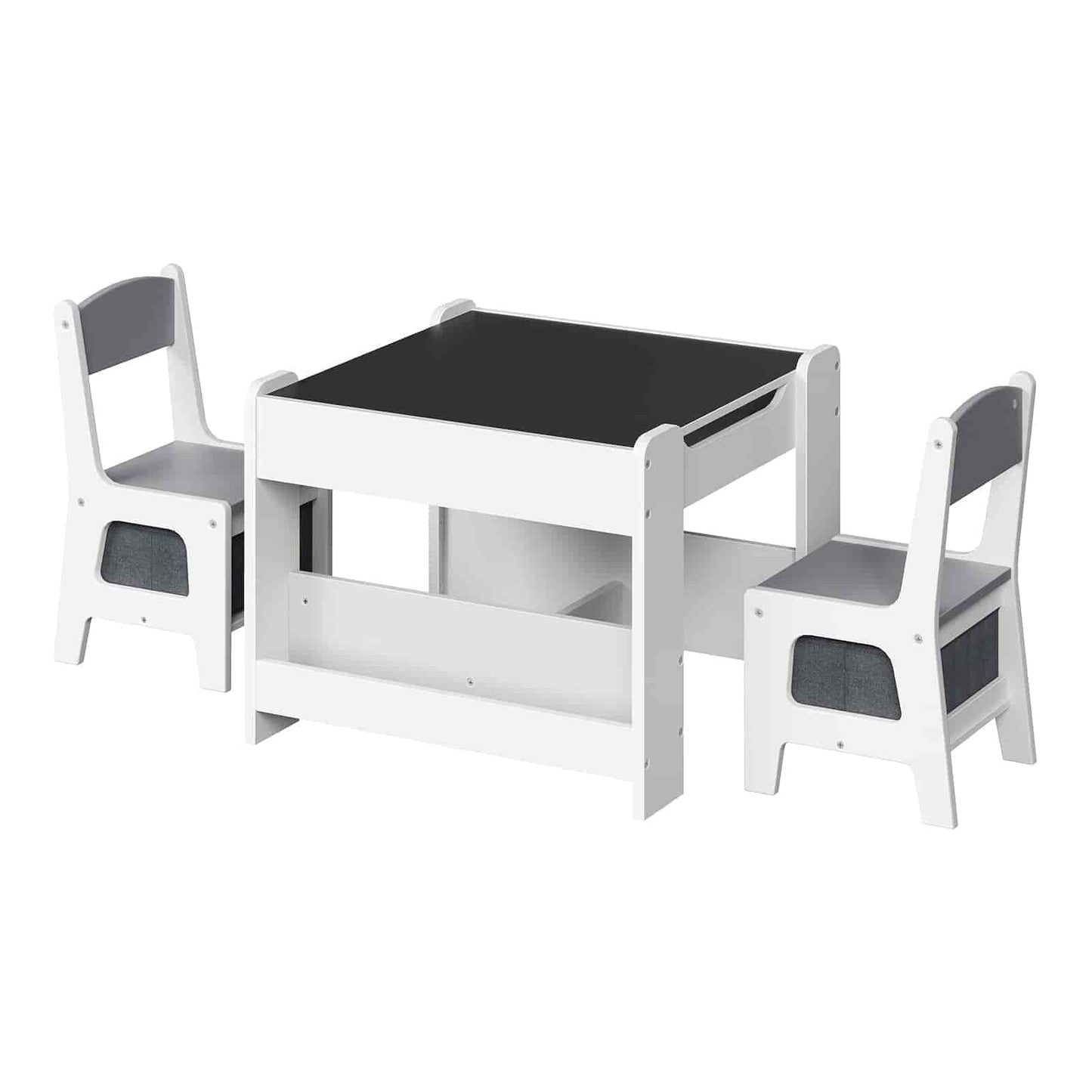 Children's table and chairs set with black top and white frames on a white background