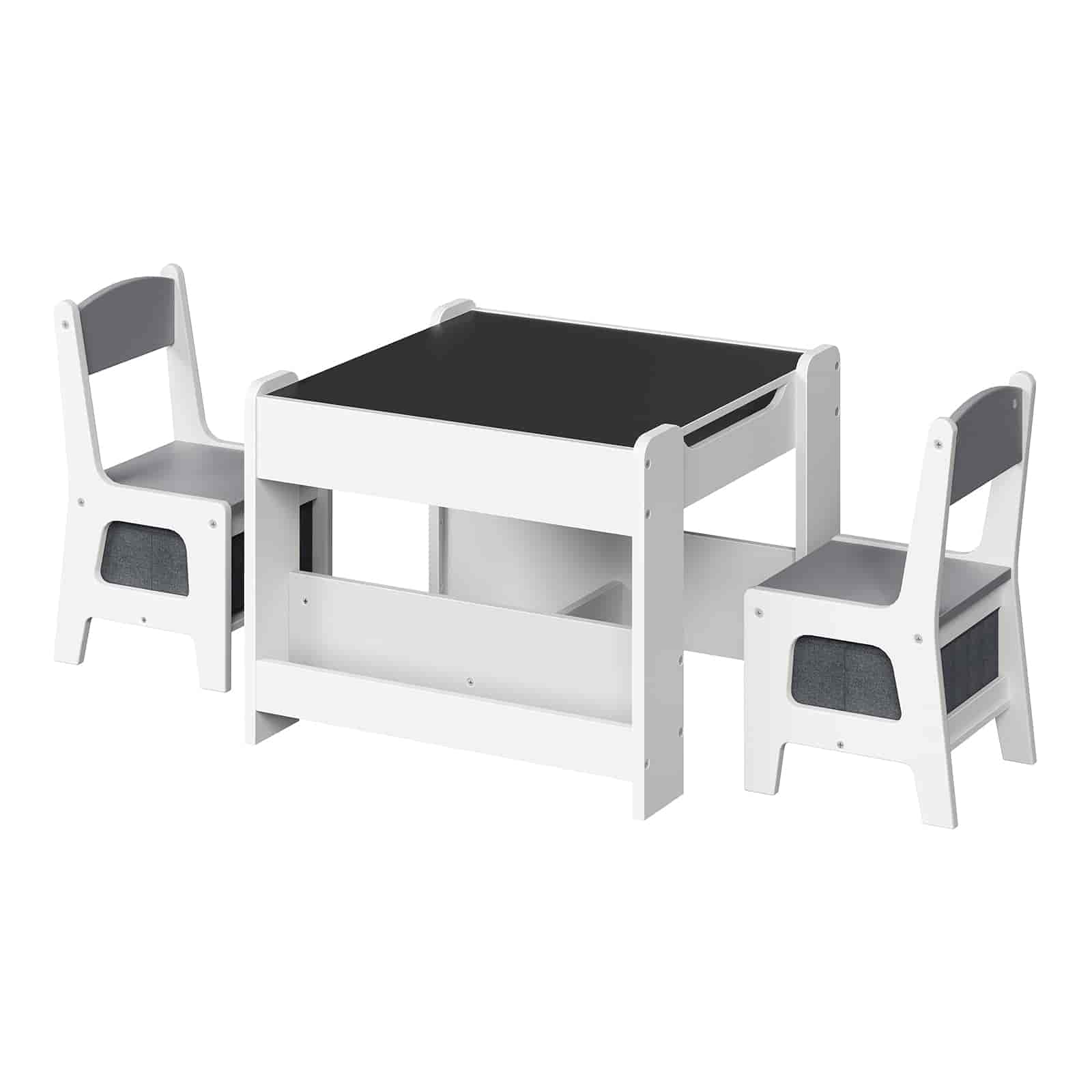Children's table and chairs set with black top and white frames on a white background