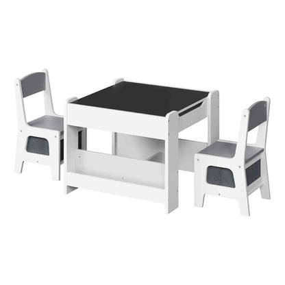 Children's table and chairs set with black top and white frames on a white background