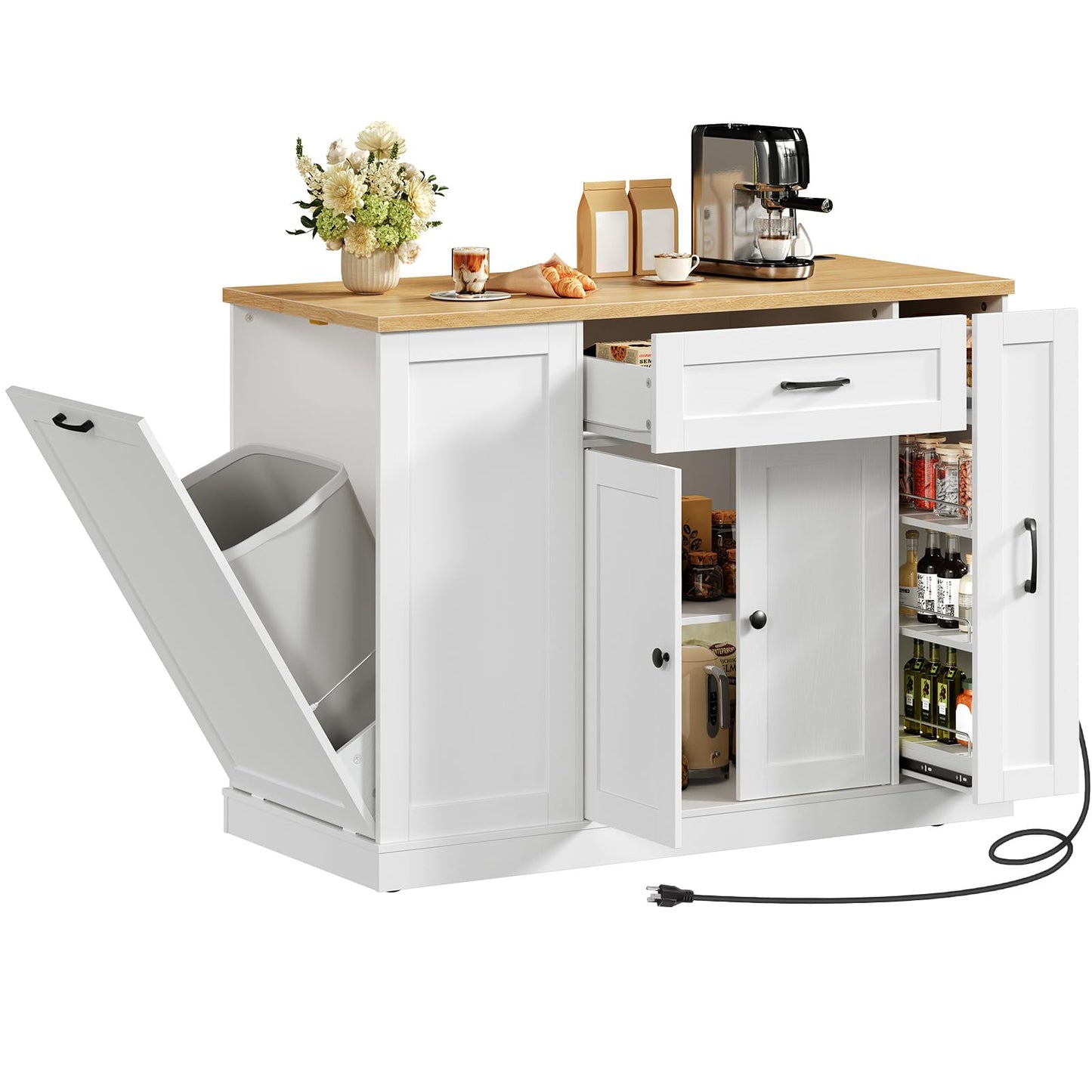 White kitchen island with wooden countertop, cabinets, and appliances on a white background