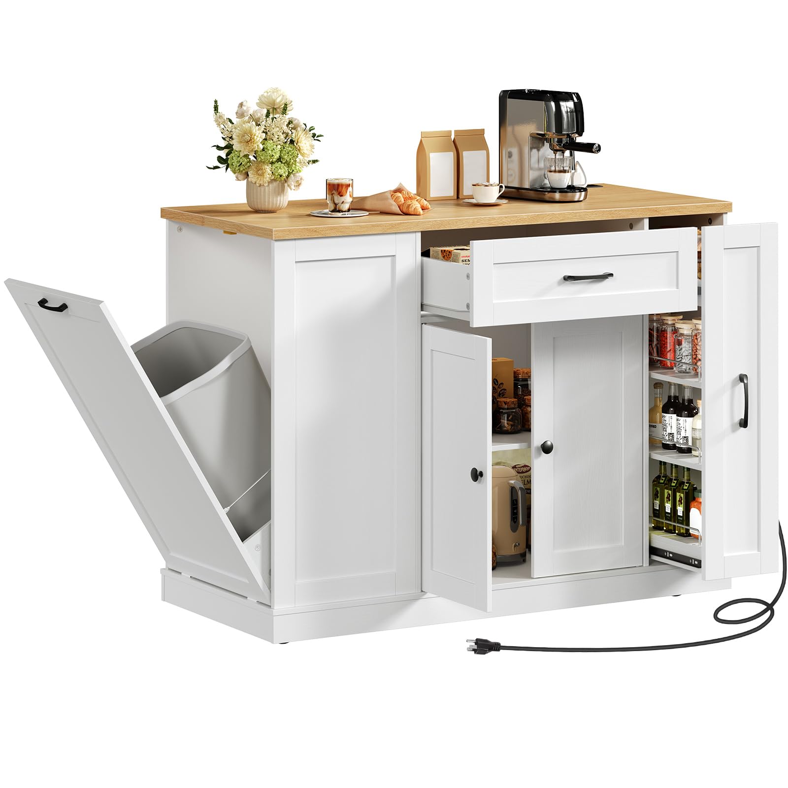 White kitchen island with wooden countertop, cabinets, and appliances on a white background