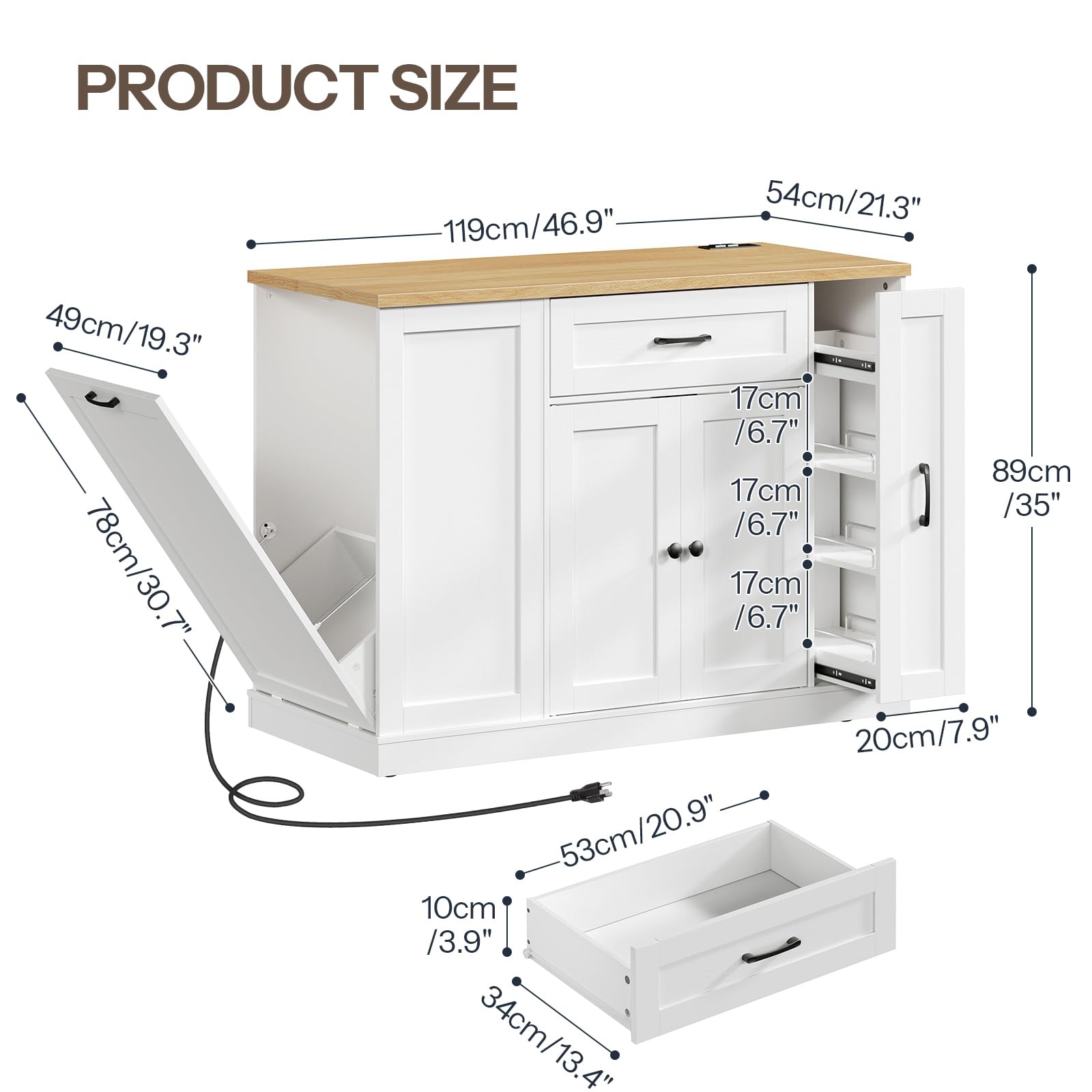 White kitchen island with wooden countertop and dimensions labeled