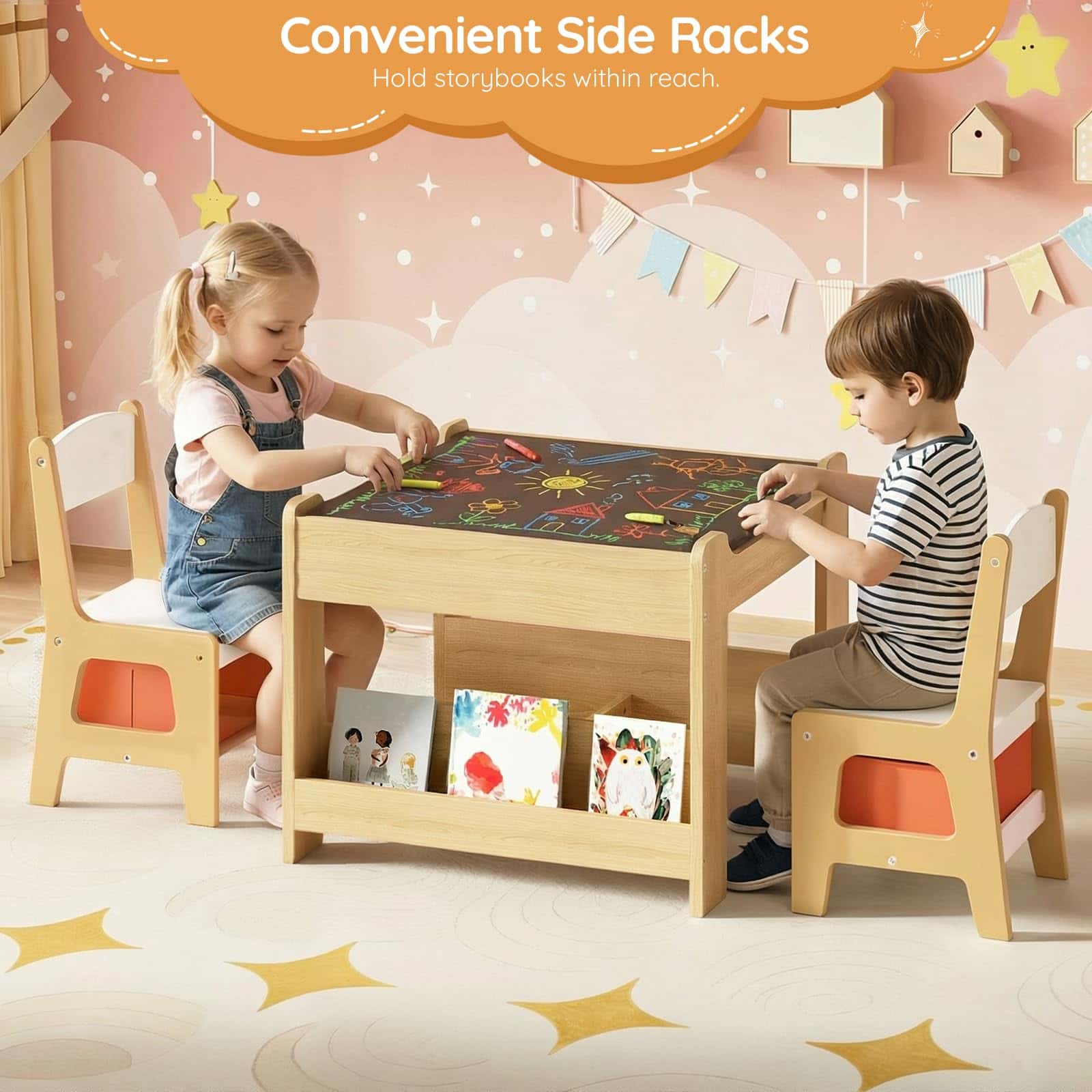 Children playing at a wooden activity table with side racks in a colorful room.