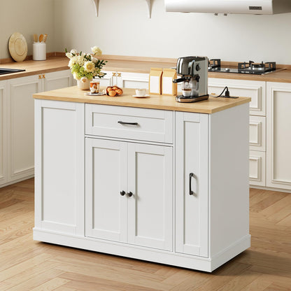 White kitchen island with wooden countertop in a modern kitchen setting.
