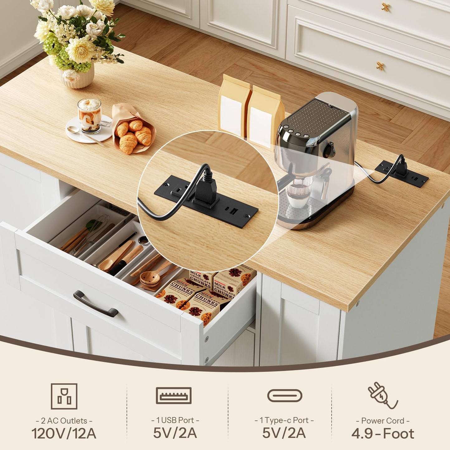 Wooden kitchen island with built-in appliances and power outlets.