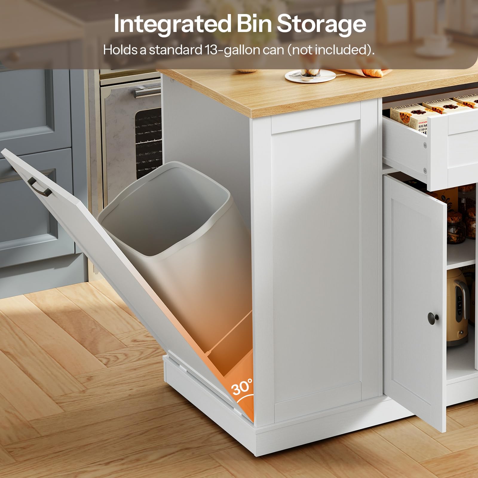 Kitchen cabinet with integrated bin storage holding a standard 13-gallon can.