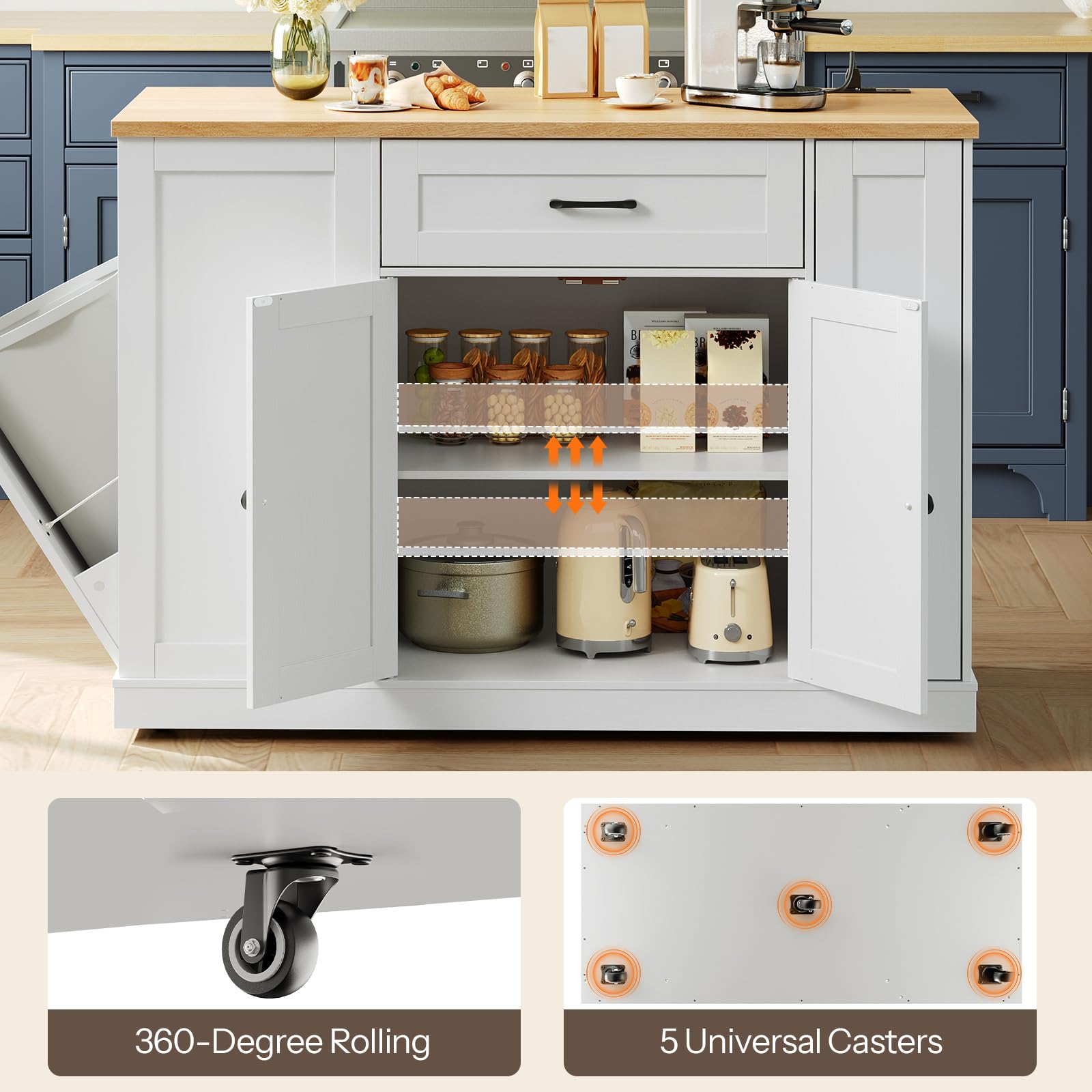 Kitchen cabinet with open doors showing interior organization, featuring 360-degree rolling casters.