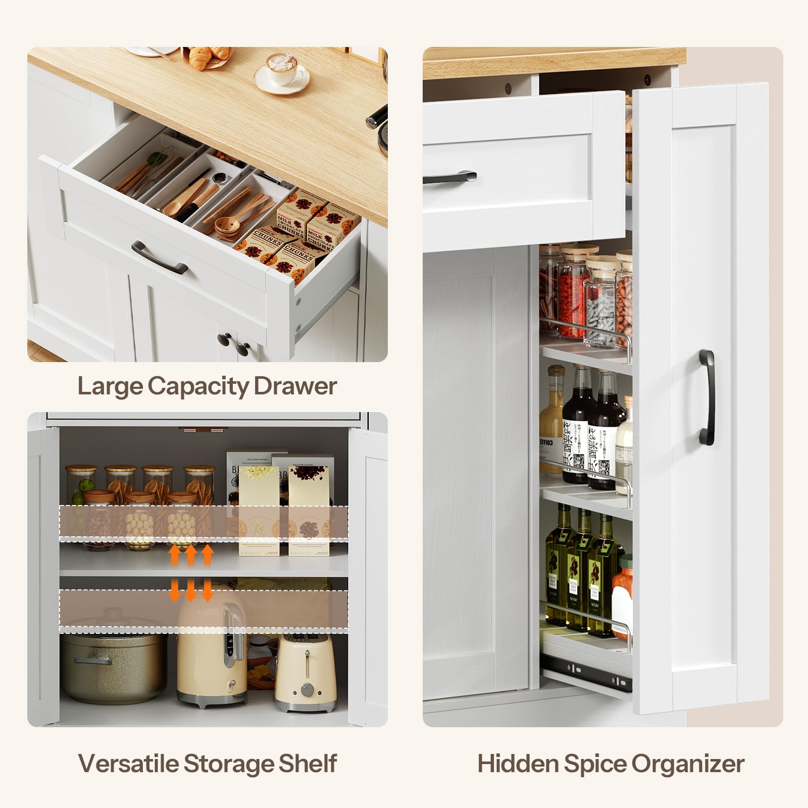 Collage of kitchen storage solutions including a large capacity drawer, versatile storage shelf, and hidden spice organizer.
