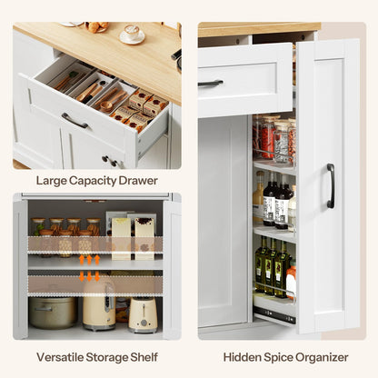 Collage of kitchen storage solutions including a large capacity drawer, versatile storage shelf, and hidden spice organizer.