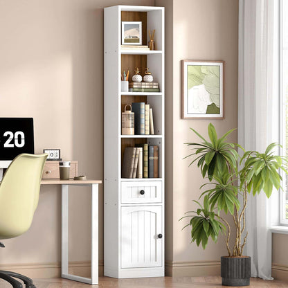Tall white bookshelf with decorative items in a home office setting.