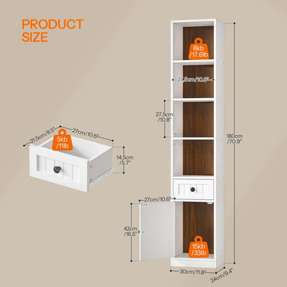 Measurement chart of a white bookshelf with dimensions and weight capacity on a beige background