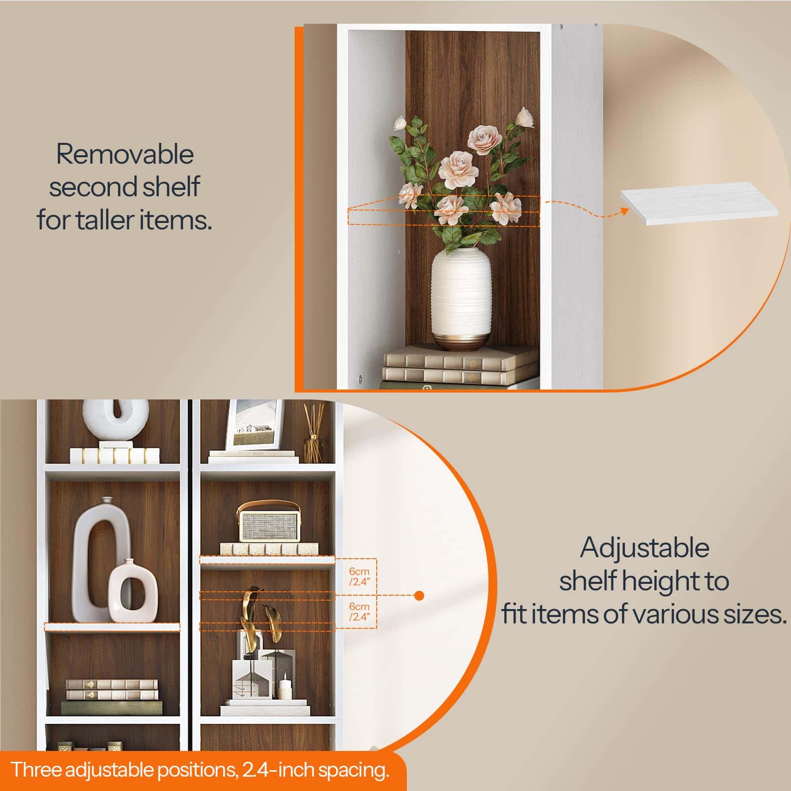 Shelving unit with removable second shelf and adjustable height features, shown with decorative items.