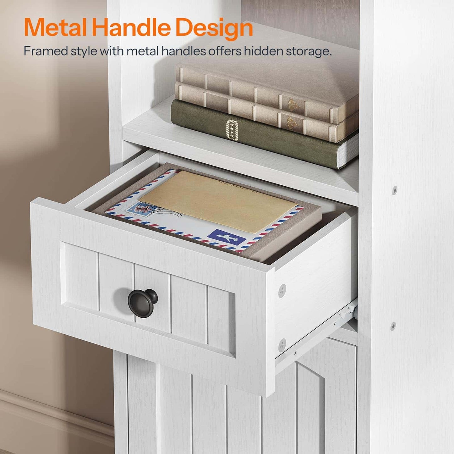 White storage unit with metal handles and a drawer open, showing mail and books.