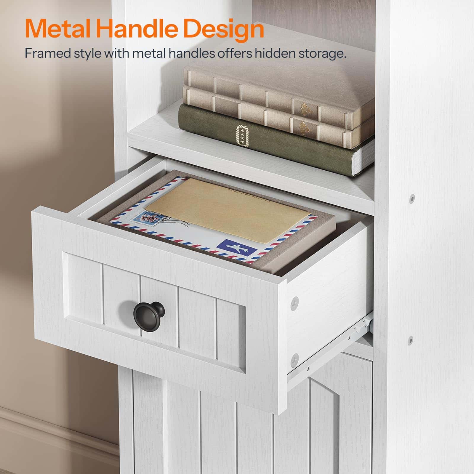 White storage unit with metal handles and a drawer open, showing mail and books.