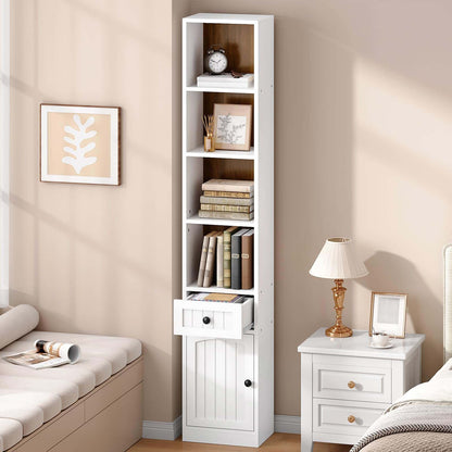 Tall white bookshelf with decorative items in a bedroom setting.