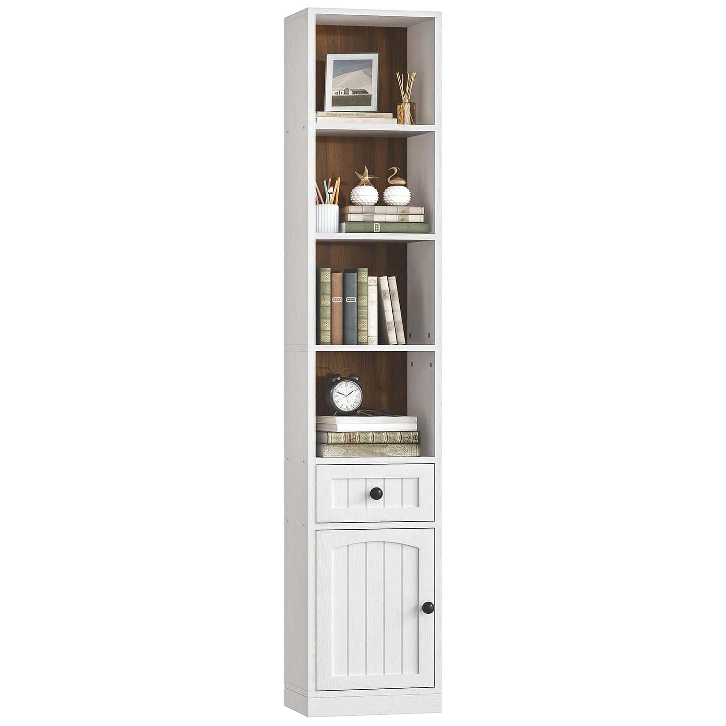 Tall white bookshelf with wooden interior on a white background