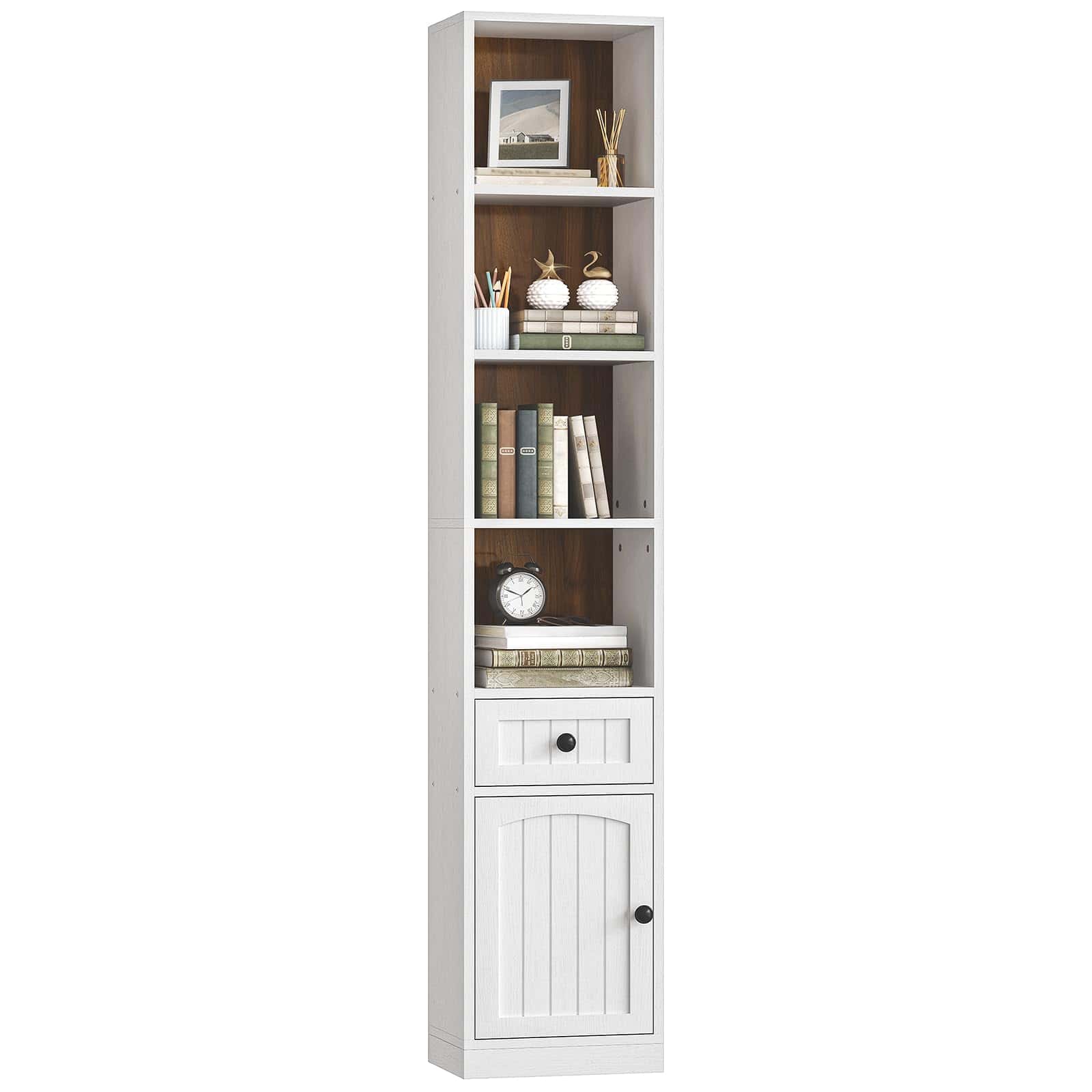 Tall white bookshelf with wooden interior on a white background