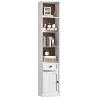 Tall white bookshelf with wooden interior on a white background