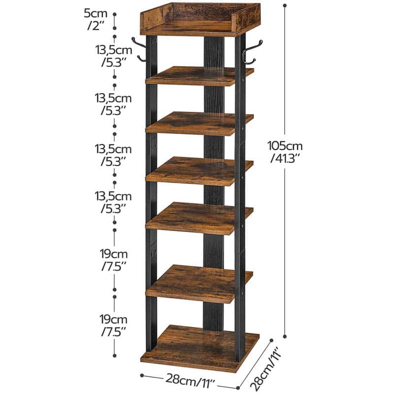 A tall rustic six-shelf storage rack with dark wood shelves and black metal frame, shown with dimension labels and arrows indicating height and width measurements.