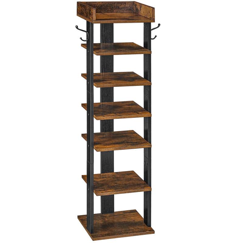A rustic 6-tier wooden shelf stand with a dark brown stained wood finish and black metal side brackets with hooks, shown on a solid white background.