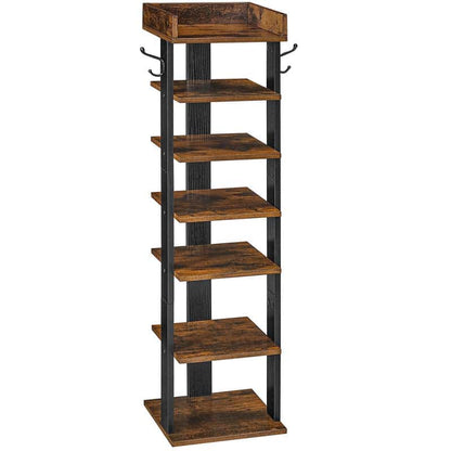 A rustic 6-tier wooden shelf stand with a dark brown stained wood finish and black metal side brackets with hooks, shown on a solid white background.