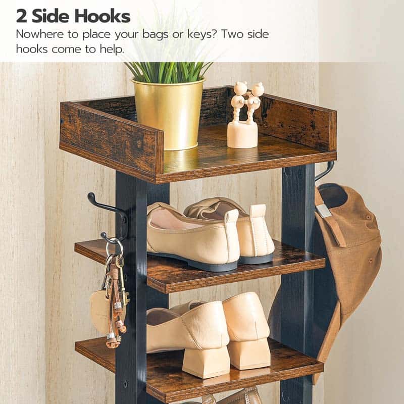 A rustic three-tier shoe rack with dark wood shelves and black metal side hooks, shown holding shoes, keys, a plant, and a bag. A text overlay at the top reads '2 Side Hooks' with a descriptive callout.