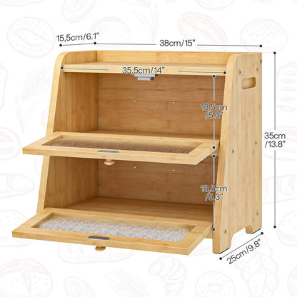 HOOBRO 2-Tier Bamboo Bread Box Kitchen Countertop Storage Organizer
