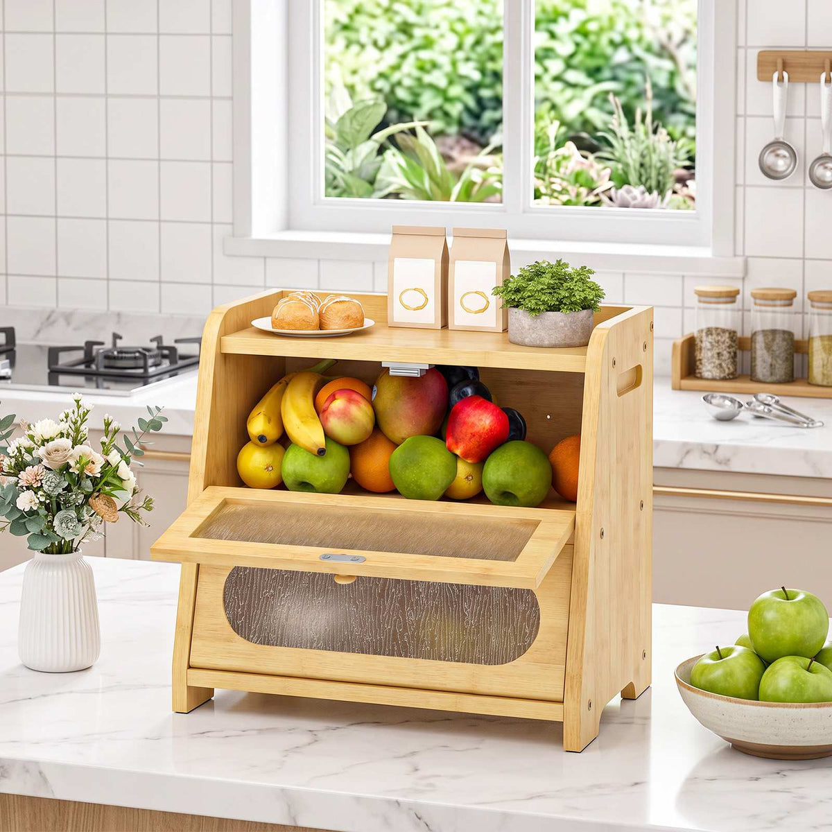 HOOBRO 2-Tier Bamboo Bread Box Kitchen Countertop Storage Organizer