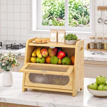 HOOBRO 2-Tier Bamboo Bread Box Kitchen Countertop Storage Organizer