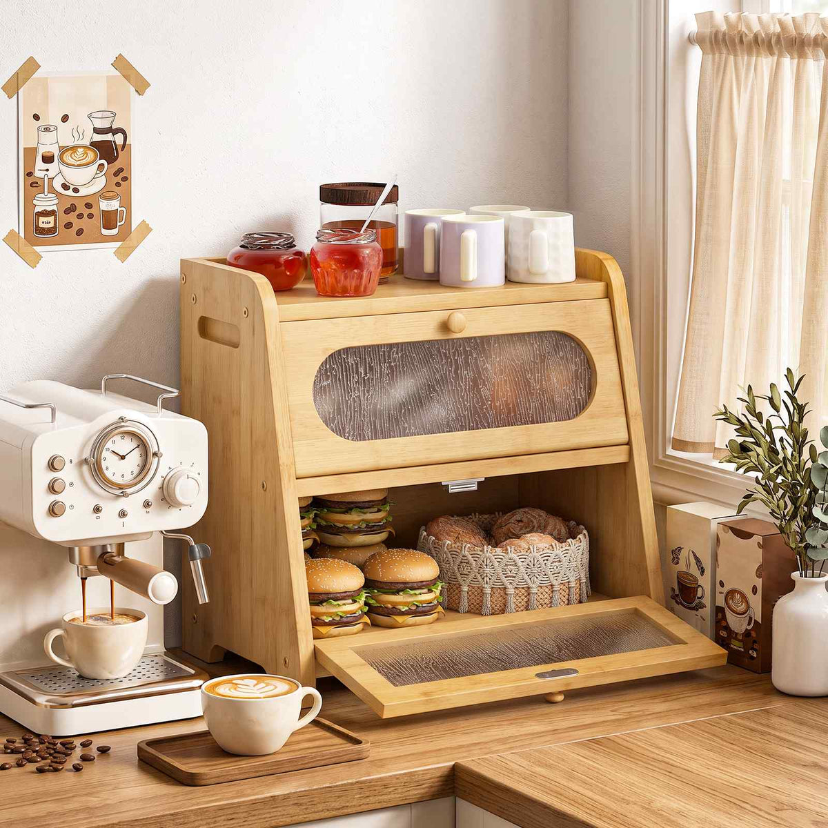 HOOBRO 2-Tier Bamboo Bread Box Kitchen Countertop Storage Organizer