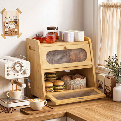 HOOBRO 2-Tier Bamboo Bread Box Kitchen Countertop Storage Organizer