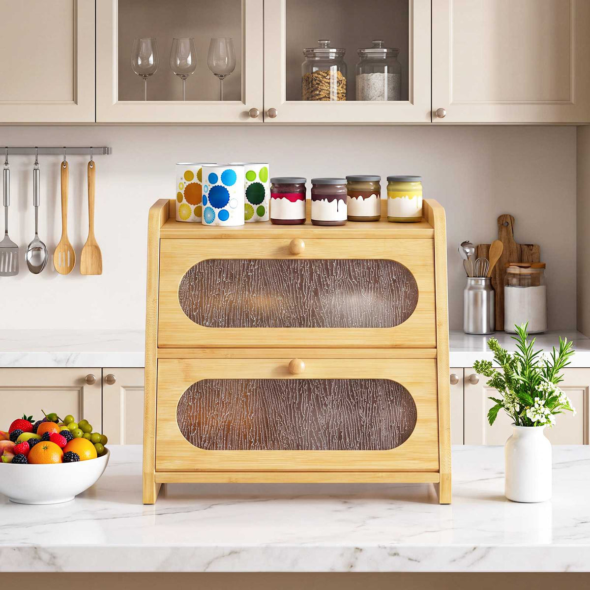HOOBRO 2-Tier Bamboo Bread Box Kitchen Countertop Storage Organizer
