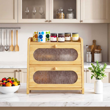 HOOBRO 2-Tier Bamboo Bread Box Kitchen Countertop Storage Organizer