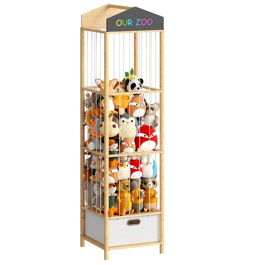 HOOBRO Bamboo Stuffed Animal Storage Organizer with Fabric Drawer & DIY Chalkboard