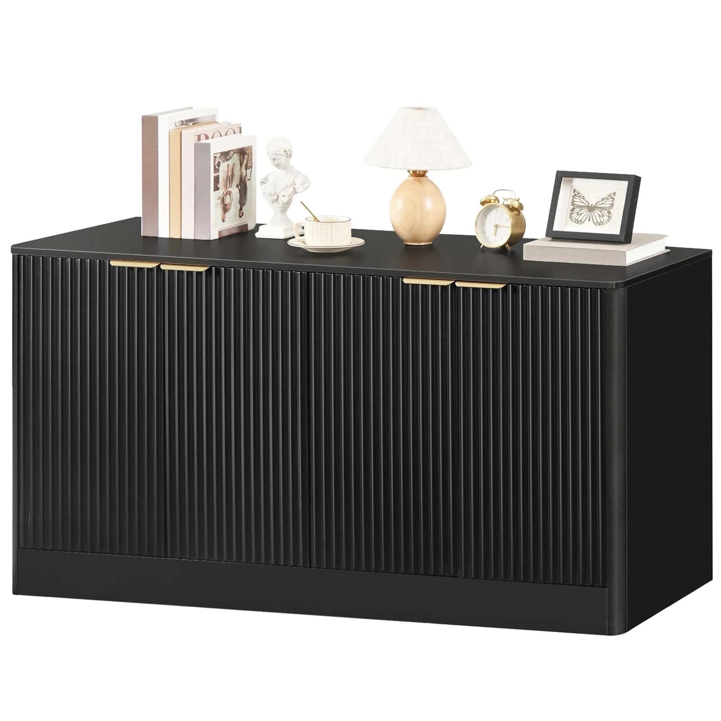 Black sideboard with decorative items on a white background