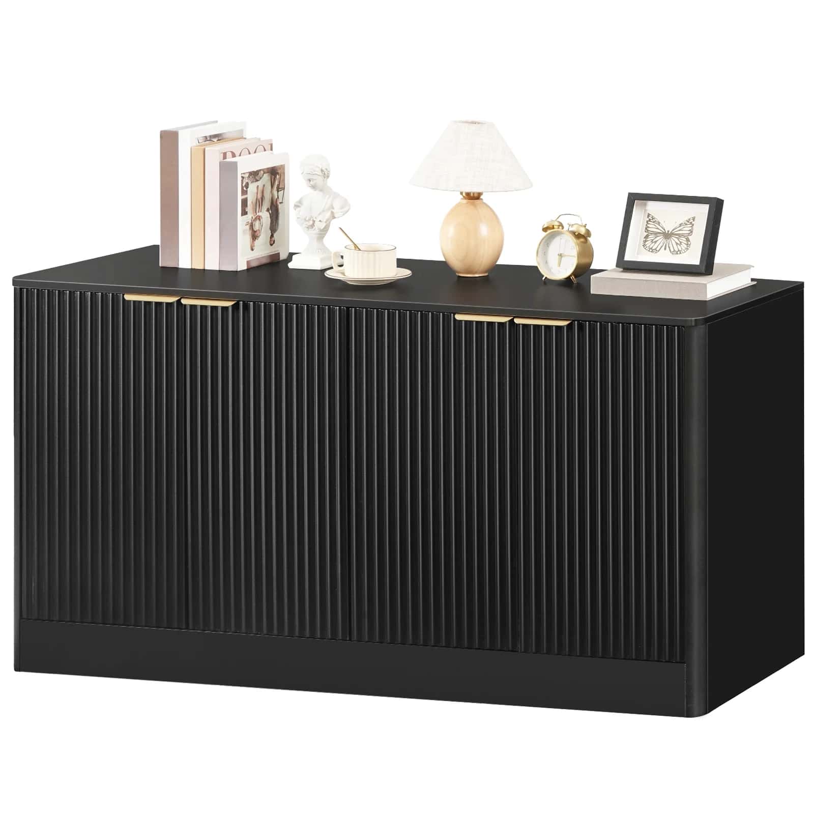 Black sideboard with decorative items on a white background