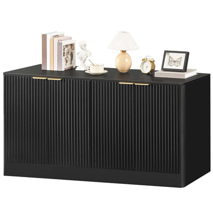 Black sideboard with decorative items on a white background