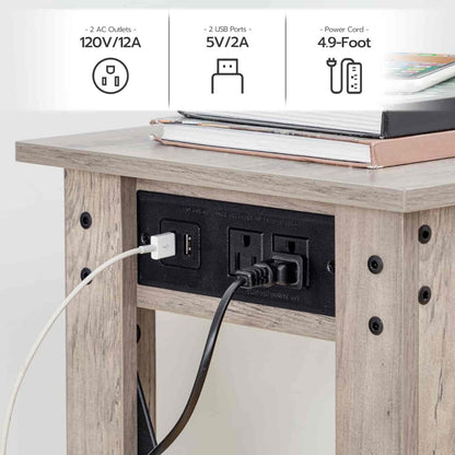 Wooden desk with power outlet and cable, featuring electrical specifications on a white background.