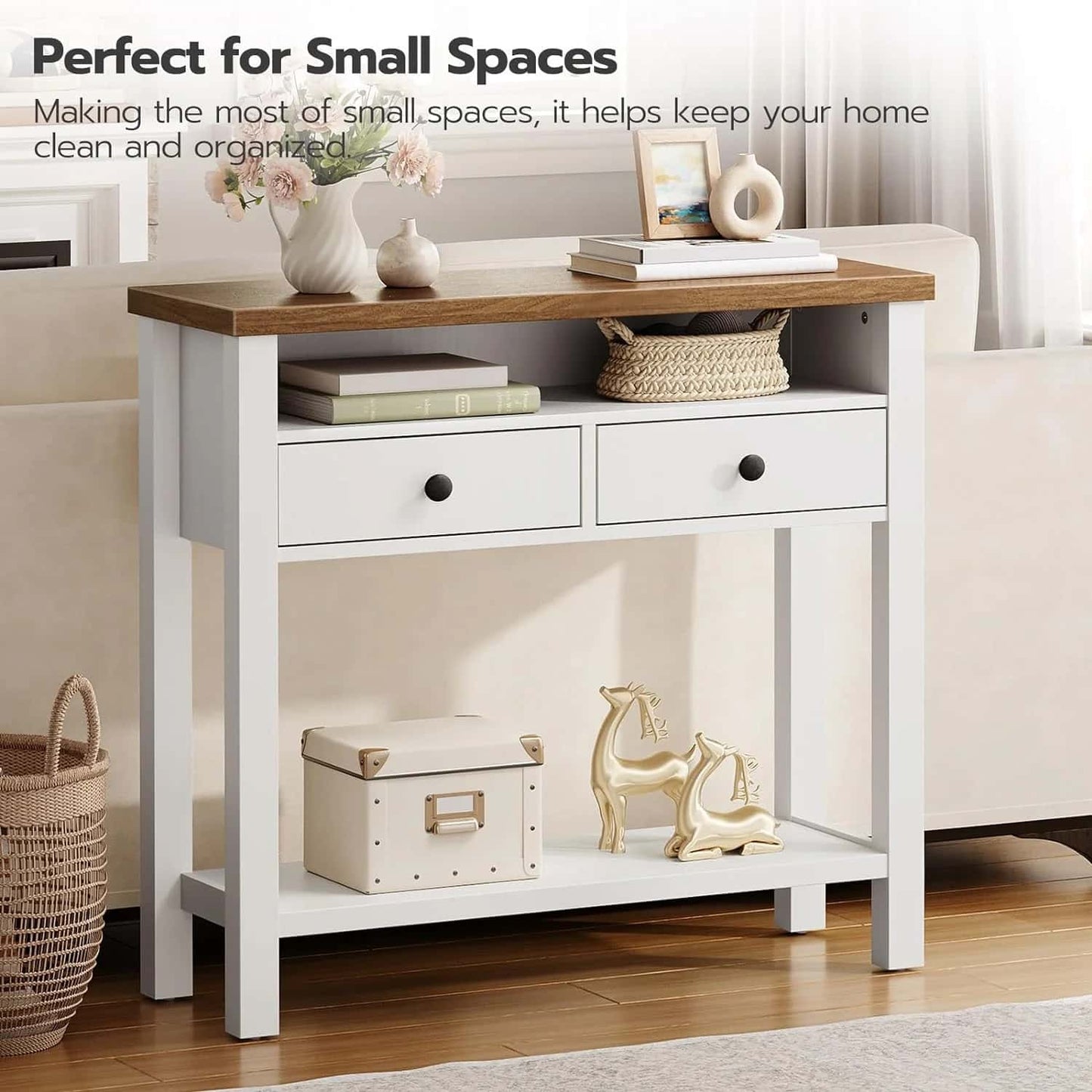 Console table with wooden top and white base in a living room setting.