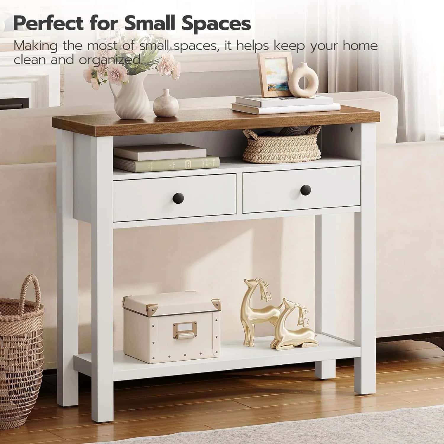 Console table with wooden top and white base in a living room setting.