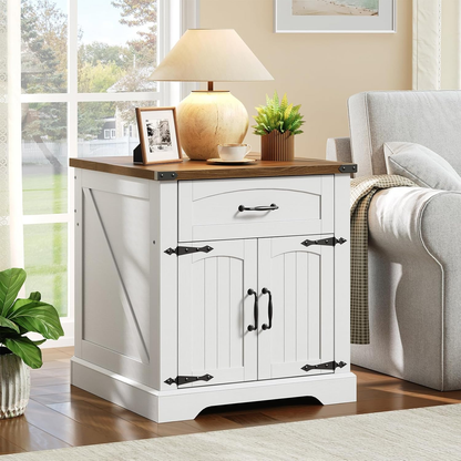 White cabinet with wooden top in a living room setting